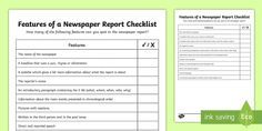 the features of a newspaper report checklist are shown in two separate sections, one is green and the other is white