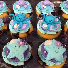 cupcakes decorated with blue and purple icing