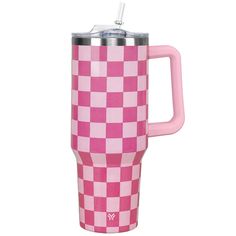 a pink and white checkered travel mug with a straw in the cup, on a white background