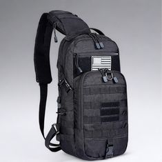 an american flag patched on the side of a black backpack with two zippers