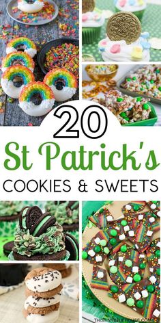 st patrick's cookies and sweets collage with text overlay that reads, 20 st patrick's cookies and sweets