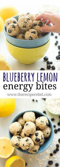 blueberry lemon energy bites recipe in a bowl with lemons and blackberries on the side