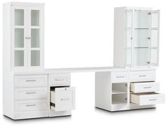 a white desk with glass doors and drawers