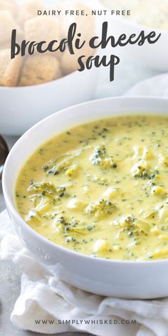 broccoli cheese soup in a white bowl