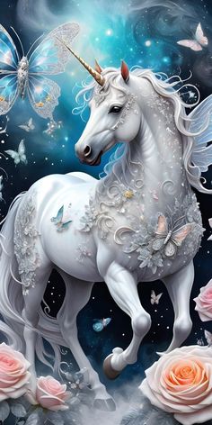 a painting of a white unicorn surrounded by roses and butterflies