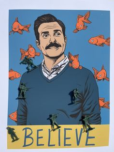 an image of a man with fish on his chest and the words believe above him