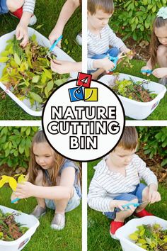 four pictures of children playing in the grass with plants and gardening utensils on their hands