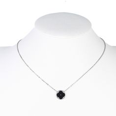 "Silver (White Gold) Tone Necklace with Contemporary Clover Design and Jet Black Faux Onyx Inlay.  Twisted Curb Chain, Approx. 16\", with Extender and Lobster Clasp Closure" Clover Design, Onyx Pendant, Pearl Choker Necklace, Pretty Bracelets, Timeless Gifts, Gold Tone Necklace, Pearl Choker, Hinged Bangle, Curb Chain