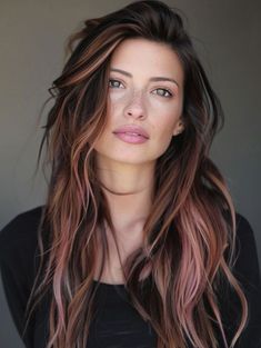 Dramatic Brunette Hair Color, Pink Brown Highlights, Dark Brown Hair With Pink Balayage, Pink Balayage Hair Brunettes, Colorful Hair Ideas For Brunettes, Rose Gold Brunette Hair, Subtle Rose Gold Hair Brunette, Pink Hair Streaks Brunette, Brown To Pink Hair