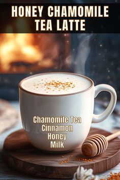 a cup of chamole tea with cinnamon and honey