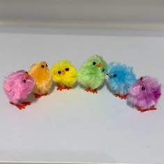 five small colorful birds sitting on top of each other