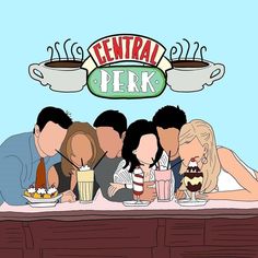 a group of people sitting at a table in front of a sign that says central perk