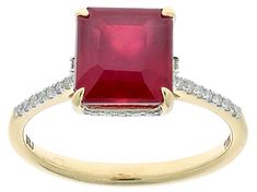 3.06ct Square Octagonal Red Mahaleo® Ruby With 0.14ctw Round White Diamond 10k Yellow Gold Ring. Measures Approximately 0.71"L x 0.32"W. Red Baguette Cut Diamond Accent Rings, Red Emerald-cut Rings With Diamond Accents, Red Emerald Cut Rings With Diamond Accents, Emerald Cut Red Rings With Diamond Accents, Yellow Gold Ring, Yellow Gold Rings, White Diamond, Gold Ring, Gold Rings