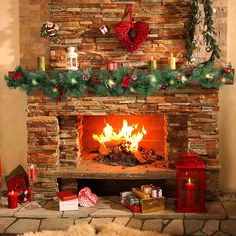 a fireplace decorated for christmas with presents and candles