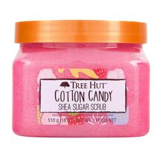 Tree Hut Cotton Candy Shea Sugar Body Scrub removes dull tone and texture to reveal glowing, soft, smooth skin. Exfoliating body scrub deeply nourishes and helps balance skin's hydration to help restore your natural glow. Smells like a sweet carnival treat with key notes of spun sugar, strawberry, and sweet cream. Made with real sugar, shea butter, strawberry, and natural oils. Formulated with skin-loving, plant-based ingredients. No parabens or sulfates. How to use: Apply to skin. Buff in circu Tree Hut Cotton Candy, Shea Sugar Scrub, Candy Tree, Exfoliating Body Scrub, Sugar Body, Sugar Body Scrub, Tree Hut, Shower Routine, Body Skin Care Routine