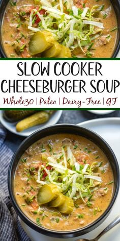 this slow cooker cheeseburger soup is loaded with vegetables and topped with shredded cheese