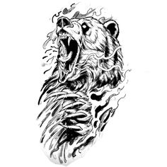 a black and white drawing of a bear's head with flames coming out of it