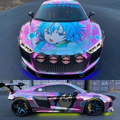 the front and side view of a car painted with anime characters