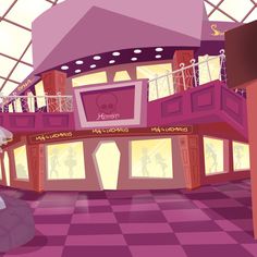 the interior of a shopping mall with pink walls and purple flooring is pictured in this digital painting