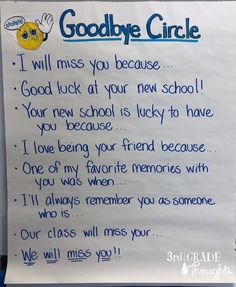 a handwritten goodbye card for someone who has passed their school's gradly circle