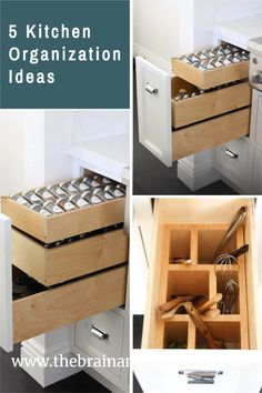 the kitchen organization ideas are organized in drawers