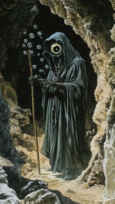 a painting of a man with an evil eye holding a staff in a cave filled with rocks