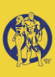 two superheros standing next to each other in front of a blue and yellow background