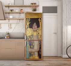 a refrigerator with an image of a woman painted on the front and side, in a kitchen