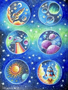 four planets with stars and the moon in the sky, all painted by children's hands