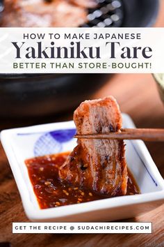 Dipping a piece of grilled beef in homemade Japanese Yakiniku BBQ sauce in a square white bowl with blue design Tare Sauce Recipe, Japanese Yakiniku, Yakiniku Sauce, Sugar Fruit, Japanese Sauce, Korean Kitchen, Easy Japanese Recipes, Fruit Juices, Bbq Sauce Recipe