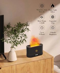 a tv sitting on top of a wooden table next to a plant