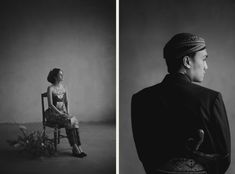 two black and white photos of a woman sitting on a chair with flowers in her lap