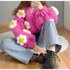 #ad Premium Quality Handmade Crochet Flower Lantern Sleeves Sweet Loose Wmen Sweater Cardigan Jacket, Fashion Women's Sweaters Flower Lantern, Cozy Winter Fashion, Handmade Sweater, Rose Rouge, Floral Fit, Sweater Coat, Cardigan Fashion, Loose Sweater, Lantern Sleeve