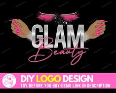 glam beauty logo design with pink nails and eyelashes on black background, for use in clothing