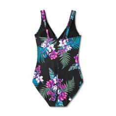 Get suited up for sunny adventures in fun, tropical style with this Waist Detail Over-the-Shoulder One-Piece Swimsuit from Aqua Green®. This full-coverage one-piece swimsuit features a vibrant floral print with pleated detailing on the waist for a beautiful look. Made with a mix of soft and stretchy tricot fabric, the pull-on swimsuit offers flexible comfort both in and out of the water, and the UPF 50+ rating helps keep you protected from harsh sun rays. Plus, removable cups offer customizable Black Floral Print Swimwear For Vacation, Black Floral Swimwear For Vacation, Black Tropical Print Swimwear, Black Tropical Tankini For Vacation, Black Tropical Print Swimwear For Vacation, Black Tropical Swimwear For Vacation, Tropical Black Swimwear For Vacation, Black Tropical Printed Swimwear, Black Printed Tropical Swimwear