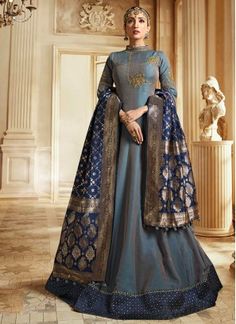 Capricious Faux Georgette Embroidered Floor Length Anarkali Suit Plain Suit With Heavy Dupatta, Suit With Heavy Dupatta, Plain Suit, Silk Fabric Dress, Silk Anarkali Suits, Floor Length Anarkali, Heavy Dupatta, Silk Anarkali, Designer Anarkali Suits