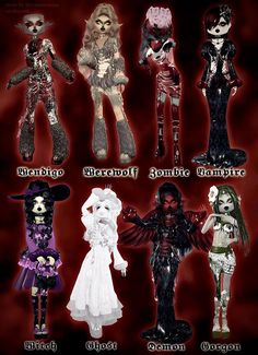 a group of dolls that are all dressed up in halloween costumes with names on them