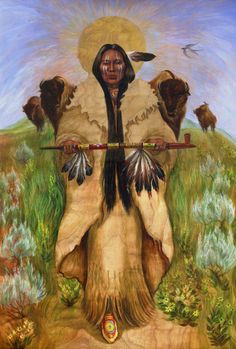 a painting of a native american woman with feathers on her head and arrows in her hands