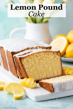 lemon pound cake on a plate with slices cut out