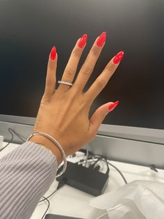 Candy Apple Red Dip Powder Nails, Big Apple Red Almond Nails, Red Nails 2023 Trends, Candy Apple Red Nails Acrylic, Bright Cherry Red Nails, Nails 2023 Trends Red, Candy Red Nails, Red Mani Pedi, Candy Apple Nails