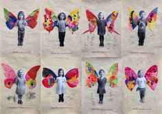 several pictures of children with colorful butterflies on their backs and arms, all in different poses