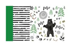 an illustration of a bear surrounded by trees and leaves with the words hello written on it