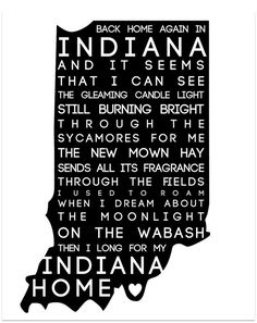 the state of indiana in black and white, with words written on it to describe its location