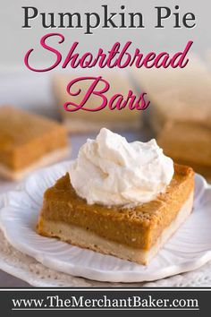 pumpkin pie shortbread bars on a white plate with text overlay that reads, pumpkin pie shortbread bars