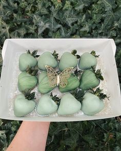 someone is holding a tray with green apples and a butterfly on it's wings