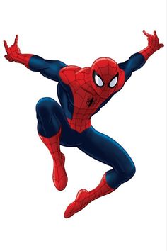 a spider man flying through the air with his arms out and legs spread wide in front of him