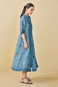 Blue midi dress featuring blossom placement print with front button placket and pockets. - Aza Fashions Blue Blossom, Anita Dongre, Placement Print, Blossom Print, Blue Midi Dress, Women Dresses, Aza Fashion, Button Placket, Three Quarter