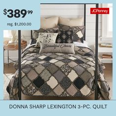 a bed with a black and white checkered comforter on it, next to an advertisement for the donna sharp lexington 3 - pc quilt