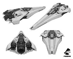 three different views of a futuristic fighter jet