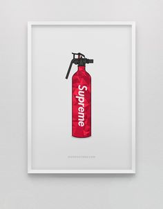 a red fire extinguisher with the word supreme printed on it